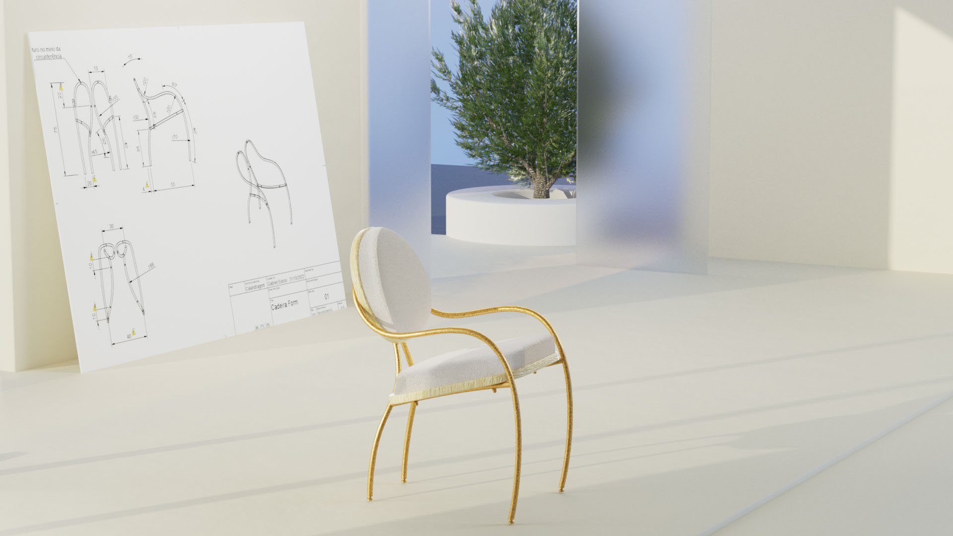 Render 3D da Poltrona Form VOIA com desenho técnico