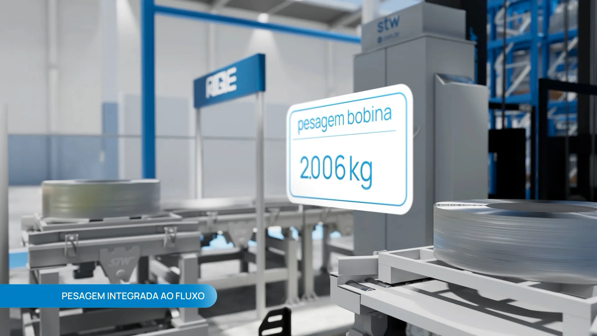 Estação de pesagem integrada ao fluxo de bobinas
